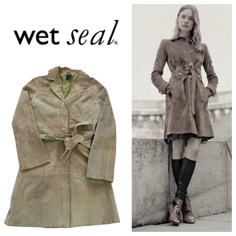 Vtg 90s Y2K Wet Seal Medium Trench Coat Jacket 100% Leather Suede Belted Tan